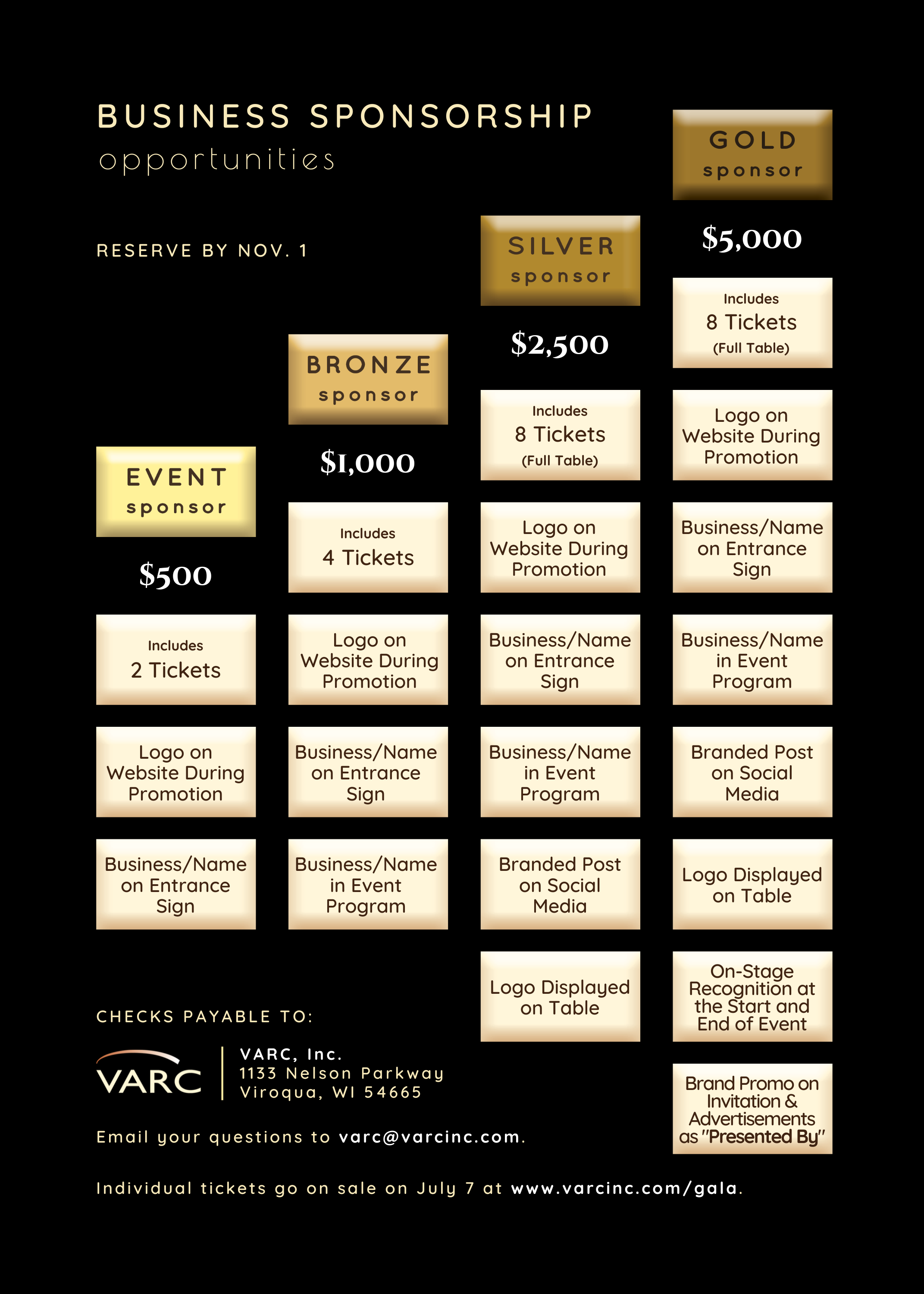 Sponsorship levels for the VARC New Year's Eve Gala — 2023